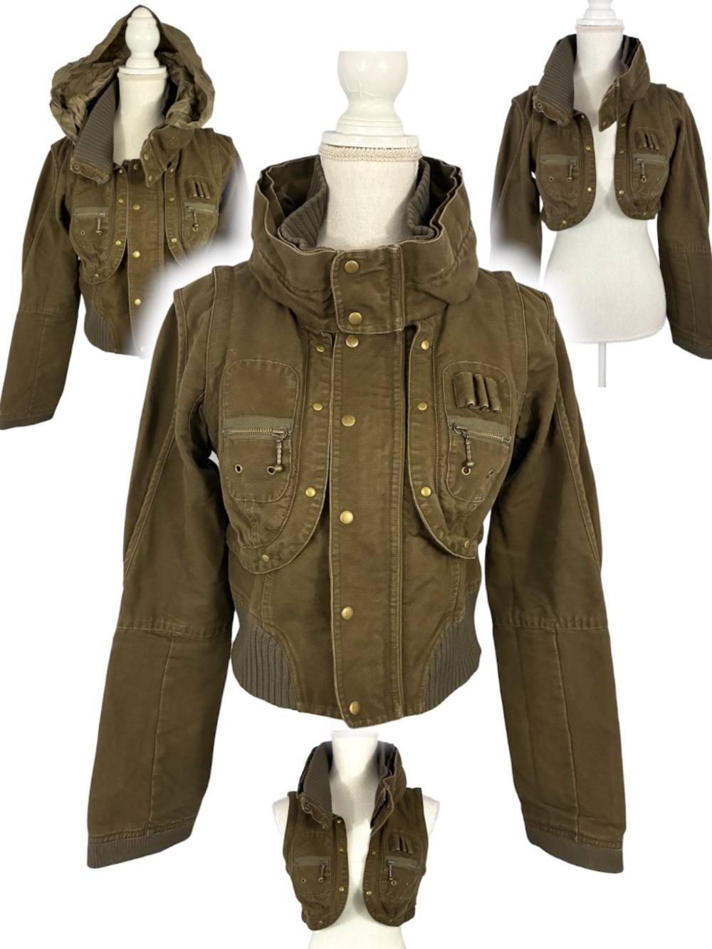 Y2K Convertible Military Jacket S Vest Army Olive Green Cotton Hooded High Neck